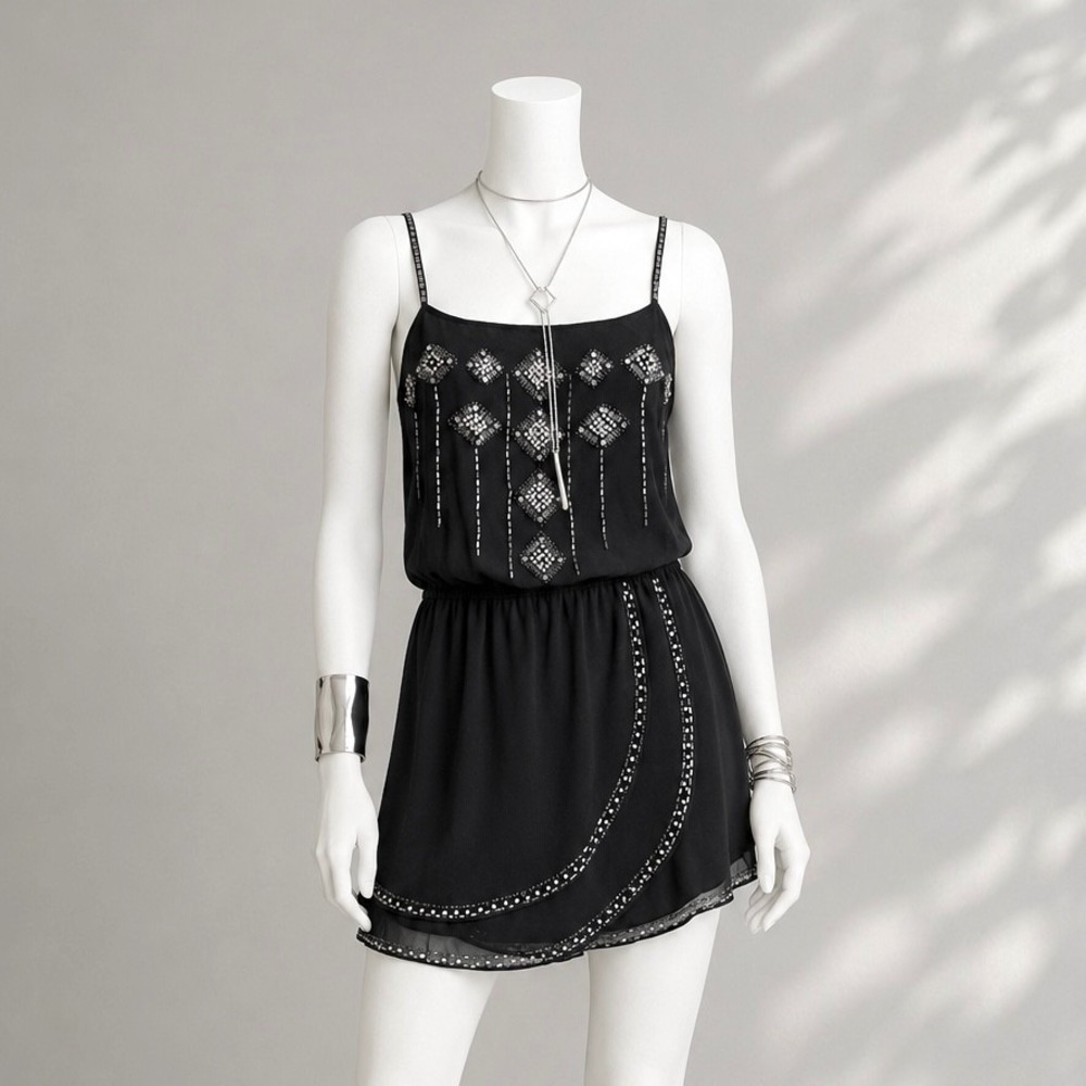 Forever 21 Black Silver Beaded Sequin Mini Dress L Blouson Goth Party Dress
